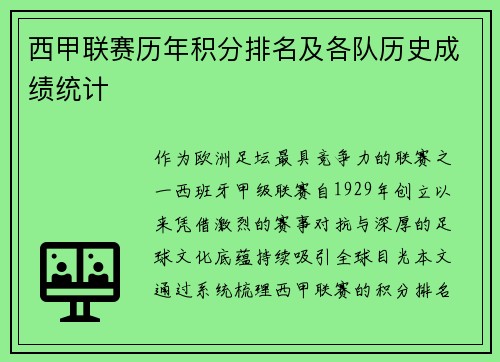 西甲联赛历年积分排名及各队历史成绩统计